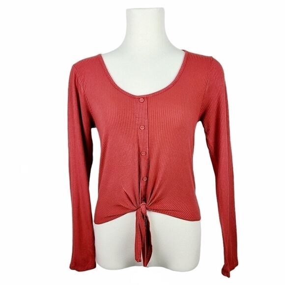 Caution To The Wind Rust Orange Long Sleeve Front Tie Top Medium - Picture 1 of 16